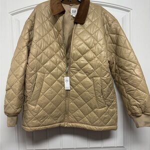 GAP Quilted Puffer Jacket in Tan with Brown Corduroy Collar